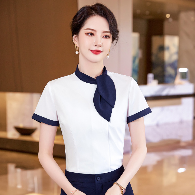 职业衬衫女短袖工作服时尚气质夏季空姐白领雪纺白色衬衣上衣正装