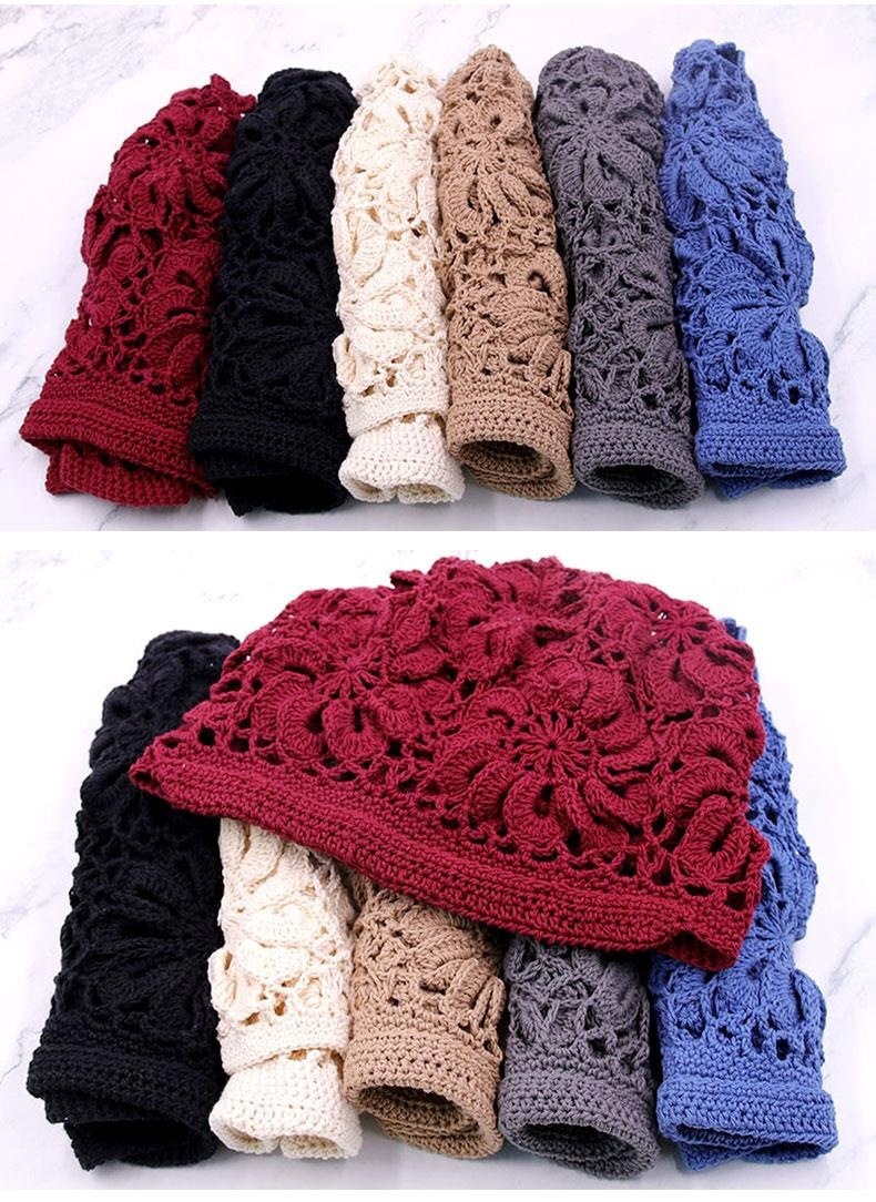 手工编织钩花帽子秋冬优雅女士毛线帽洋气百搭镂空花朵包头帽时尚