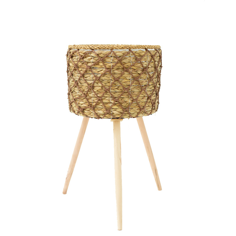 Nordic Woven Flower Stand Household Large Knitted Basket Bamboo Basket round Wooden Leg Bracket Jardiniere Straw Woven Hollow Basin Stand