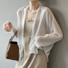 新中式防晒开衫盘扣衬衫女夏国风薄款长袖雪纺衫法式设计微透上衣