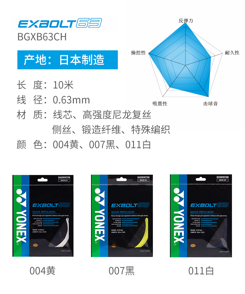 yonex/尤尼克斯羽毛球拍线yy配件羽线控制型羽线bgxb63ch