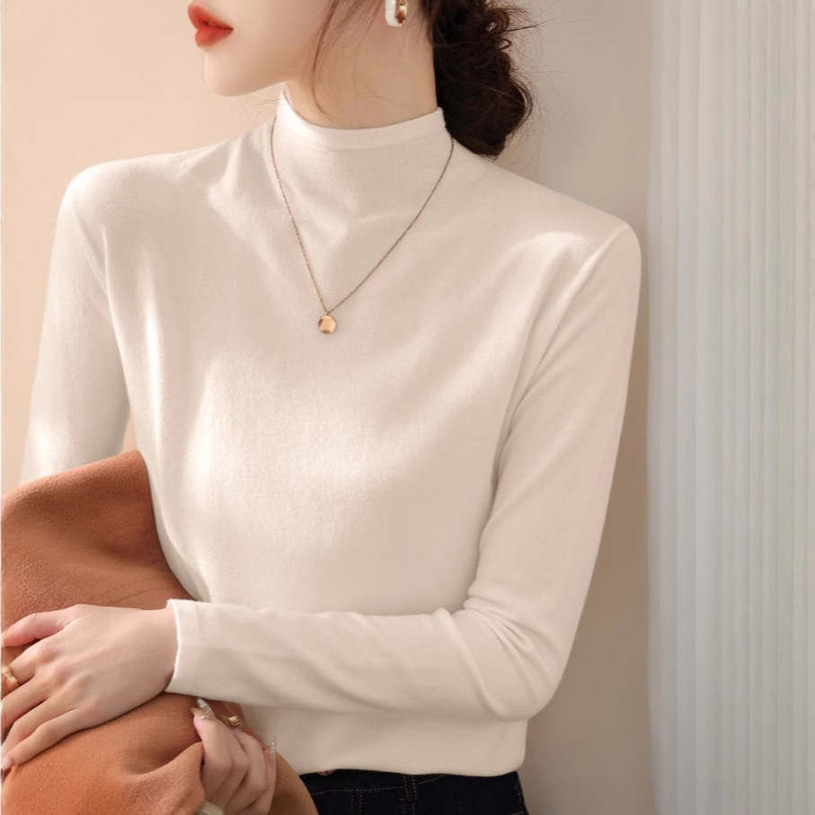 绝美慵懒风半高领白色打底衫女秋冬2025新款长袖修身内搭针织毛衣