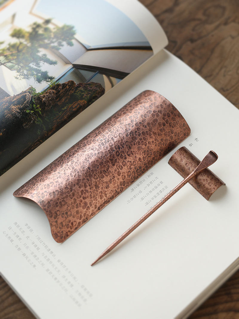 手工铜茶则黄铜赏茶荷茶勺茶匙茶道六君子锤纹紫铜功夫茶道配件