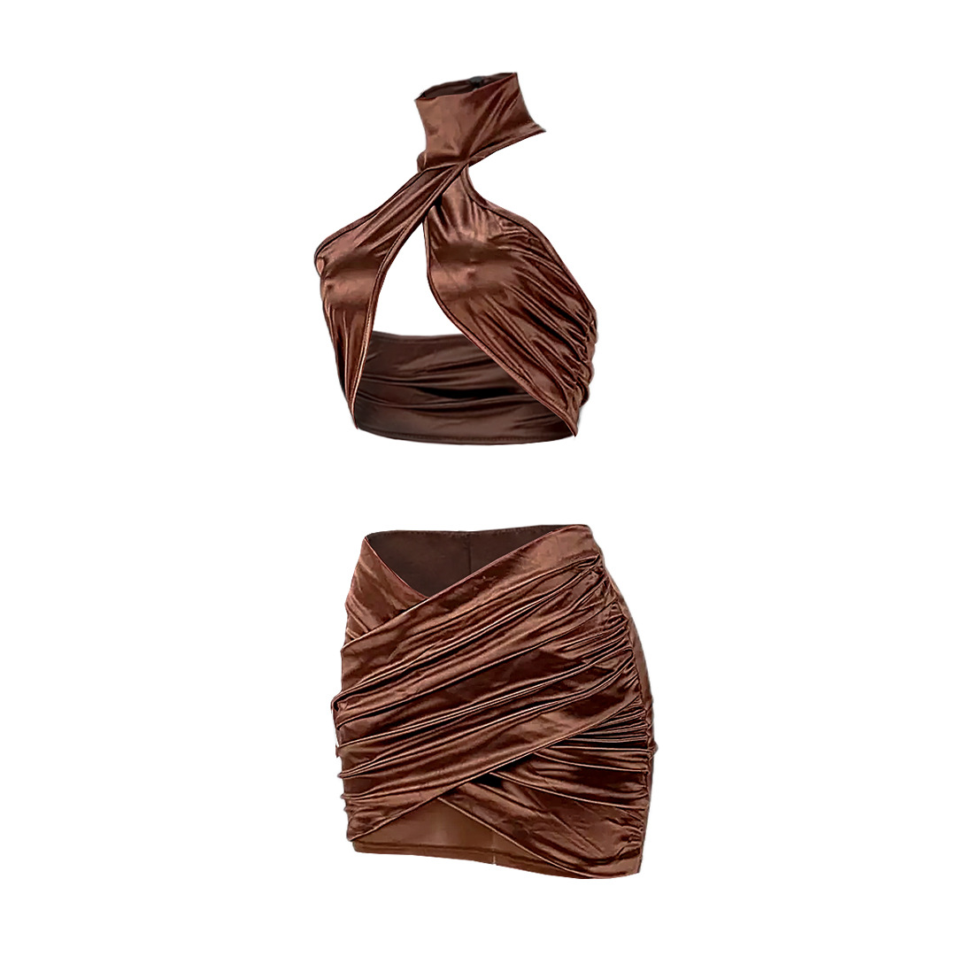 gl6378 亚马逊欧美女装跨境夜店 挂脖网纱拼接交叉褶皱反光裙套装