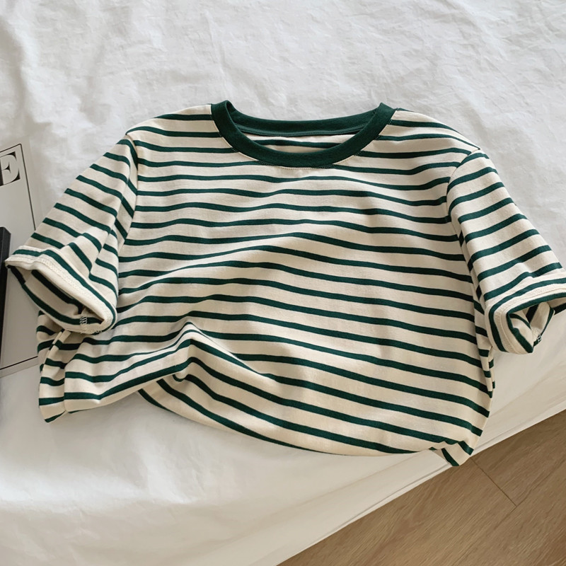 White Retro Green Striped Short-Sleeved T-shirt Women's Loose Slimming Cotton All-Match Bottoming Shirt Top Student Summer