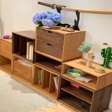 日式实木格子柜自由组合收纳客厅落地小木柜窄单个书柜原木方格柜