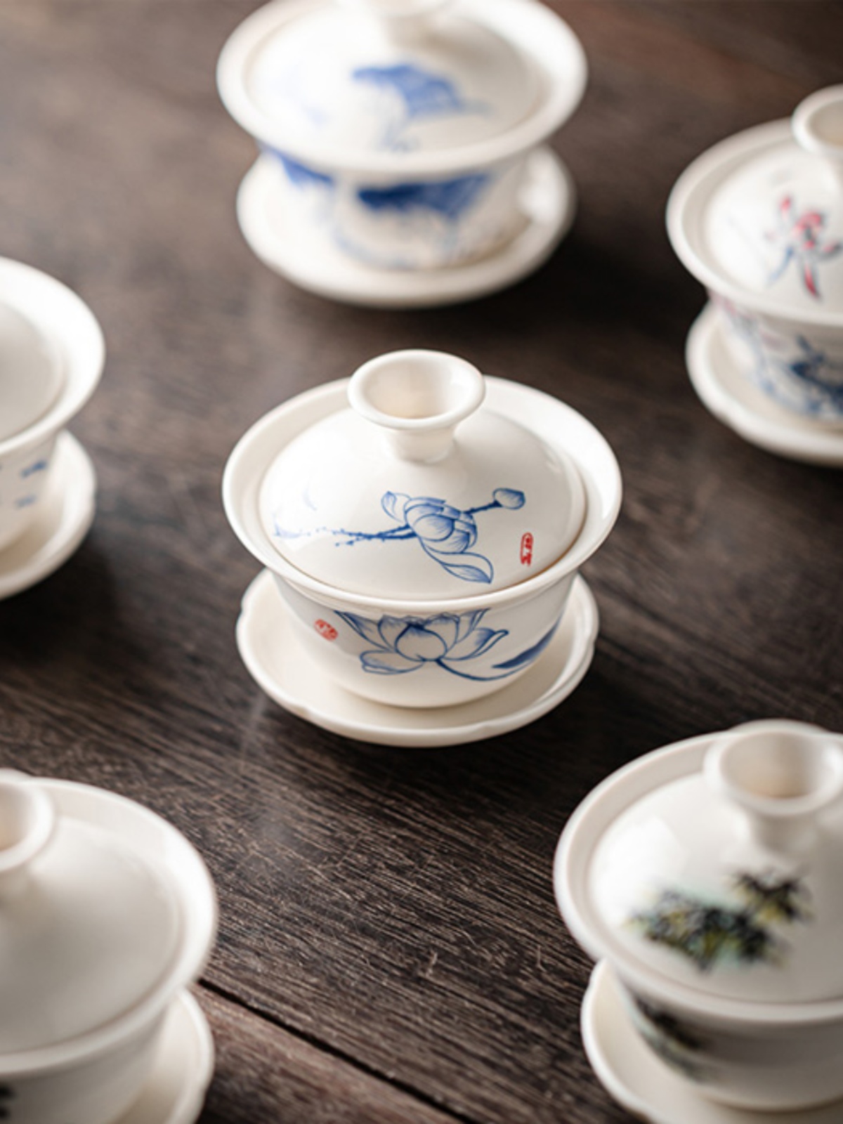 ql@俊秀山川白瓷盖碗防烫复古三才茶杯泡茶仿古茶具陶瓷杯盖茶壶