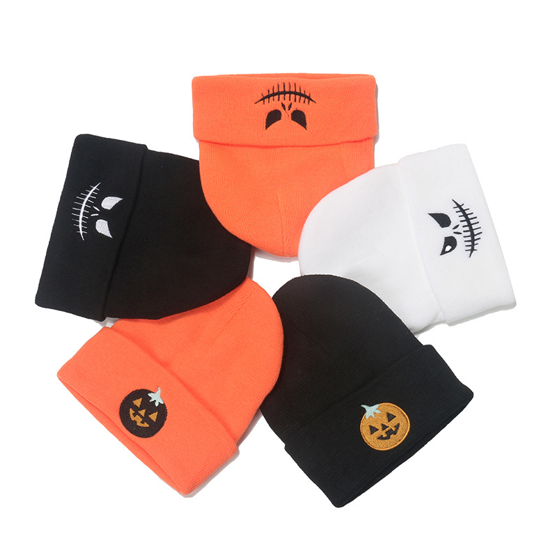 Autumn and Winter Men's and Women's Outdoor Keep Warm Woolen Cap Pullover Beanie Hat Cross-Border Halloween Pumpkin Skull Embroidery Knitted Hat