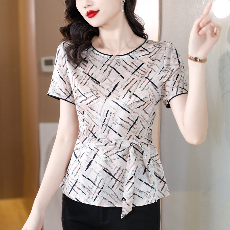 2024夏季新款短袖圆领中年真丝体恤上衣女印花系带丝绸桑蚕丝小衫