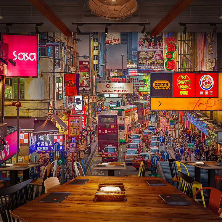 怀旧复古老香港街景夜景墙纸港式茶餐厅主题壁纸城市建筑街道壁画