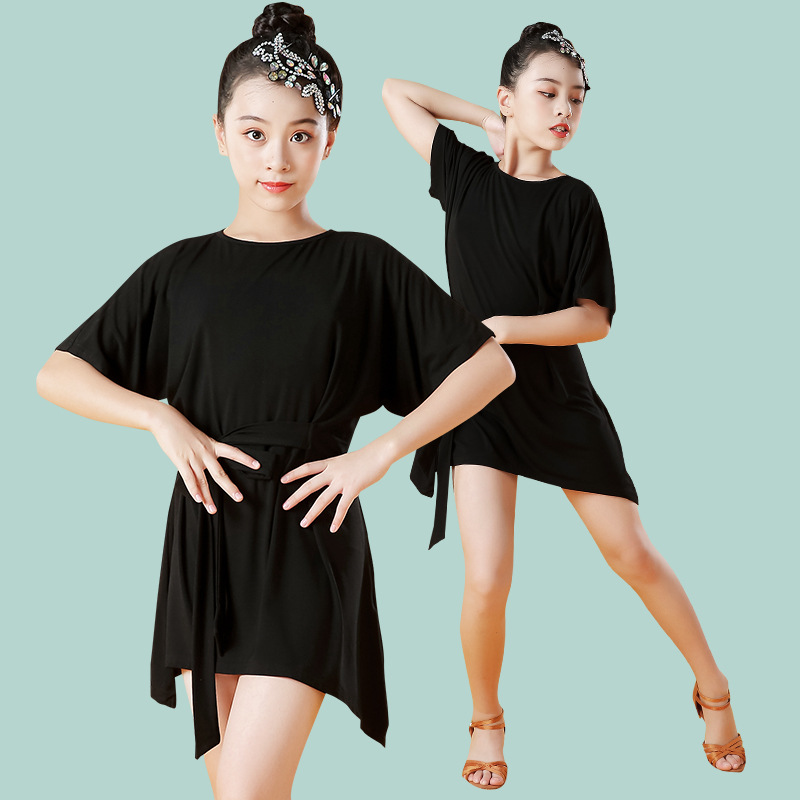 拉丁舞服装少儿练功服舞蹈比赛儿童演出服女童夏季性感黑色连衣裙