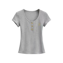 夏季新款U领短袖T恤女设计感金线绣花纽扣修身外穿打底纯色上衣