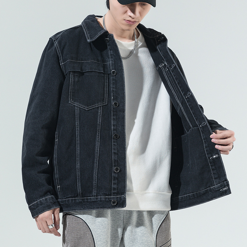 春秋黑色牛仔外套男宽松潮牌ins工装夹克大码胖子牛仔上衣潮春季