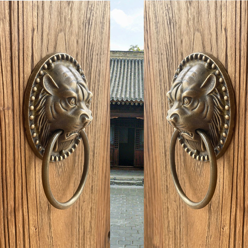 纯铜大门拉手中式仿古狮子头虎头麒麟兽头门环复古实木门把手拉环