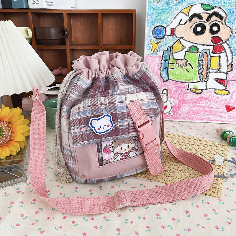 Korean Style Preppy Style Simple Cute Cartoon Young Girl Student Transparent Stitching Plaid Drawstring Bucket Small Bag Female