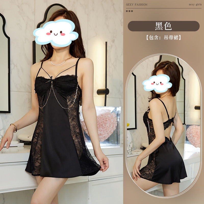 Sexy Lingerie Sexy Hot Girl Pearl Chain Slip Nightdress Lace See-through Backless Temptation Nightclub Girl Pajamas