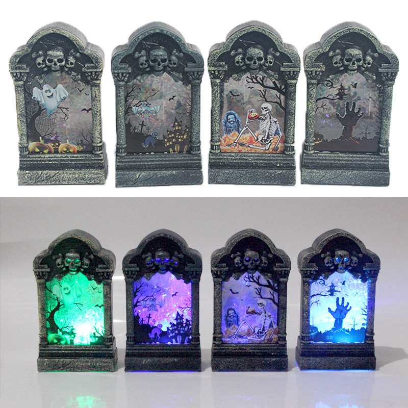 Amazon Halloween Tombstone Light Led Small Night Lamp Colorful Skull Candle Light Haunted House Bar Decoration Ornaments