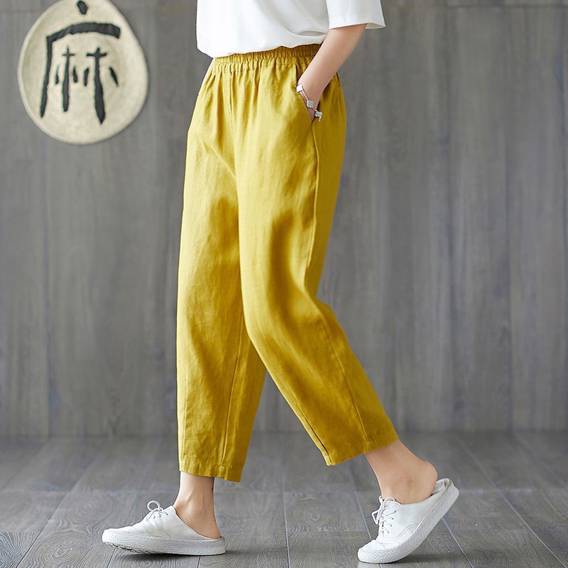 [Spot] Cotton and Linen Trousers Women's Large Size Cropped Pants Loose Feet Harem Casual Pants Baggy Pants