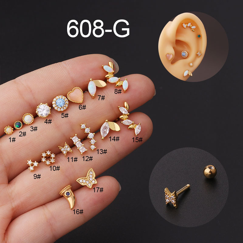 16G Titanium Steel Thick Pen Opal Stud Earrings Korean Popular Trendy Zircon Ear Bone Stud Piercing Earrings