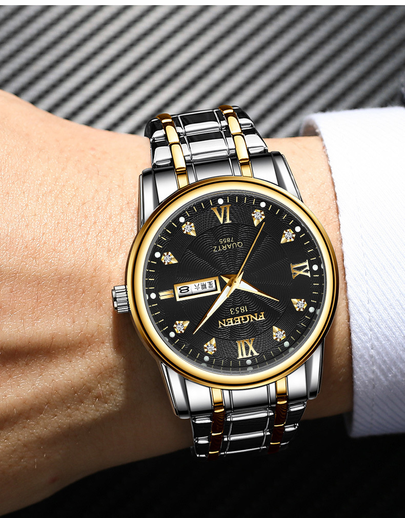 芬尊新款男士间金钢带情侣女表镶钻时尚手表男学生表防水双日历