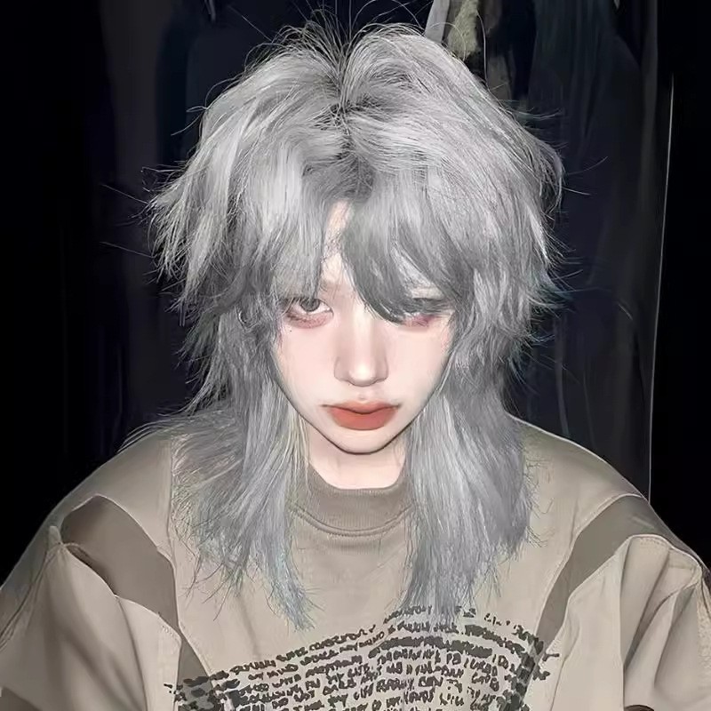 嘴甜狼尾假发男短发银灰色日系男生武士头帅气通用自然鲻鱼头全头