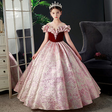 儿童主持人礼服女外贸走秀T台生日钢琴表演公主裙粉红色女童礼服
