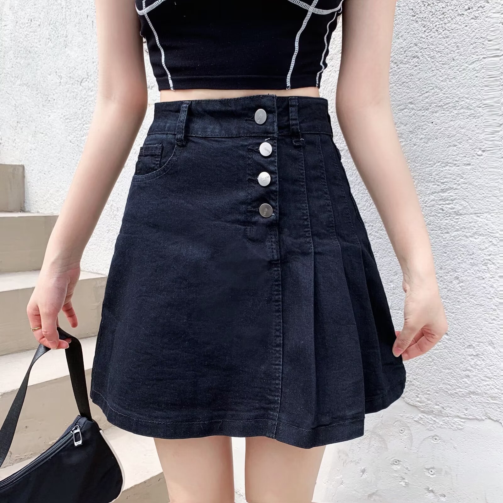黑色百褶牛仔半身裙女春秋高腰包臀a字短裙子半裙小个子包裙春秋