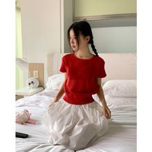 EVERTRUE 2024夏季韩版新款纯色T恤女宽松短袖针织V领体恤15717