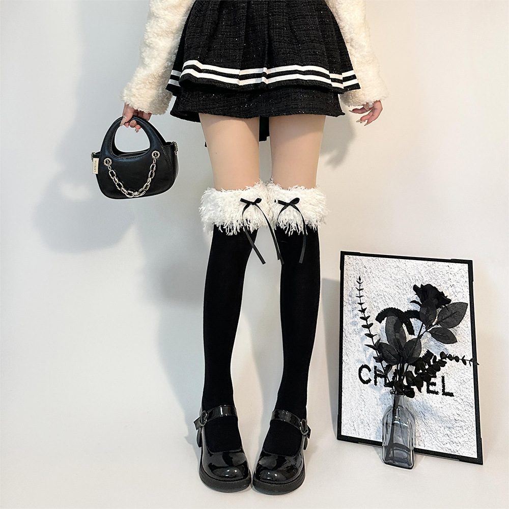 日系结羽毛过膝袜子女秋冬季甜美黑色丝带花边高长筒袜lolita