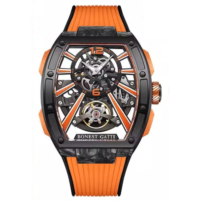 瑞士高档机械手表 布加迪运动手表 酒桶型镂空防水夜光男士手表