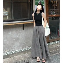 韩版百搭夏季套装女无袖背心小众复古格子长裤今年流行时尚两件套