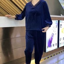 大码高贵真丝金丝绒套装女2023年春秋新款高端妈妈绣花两件套