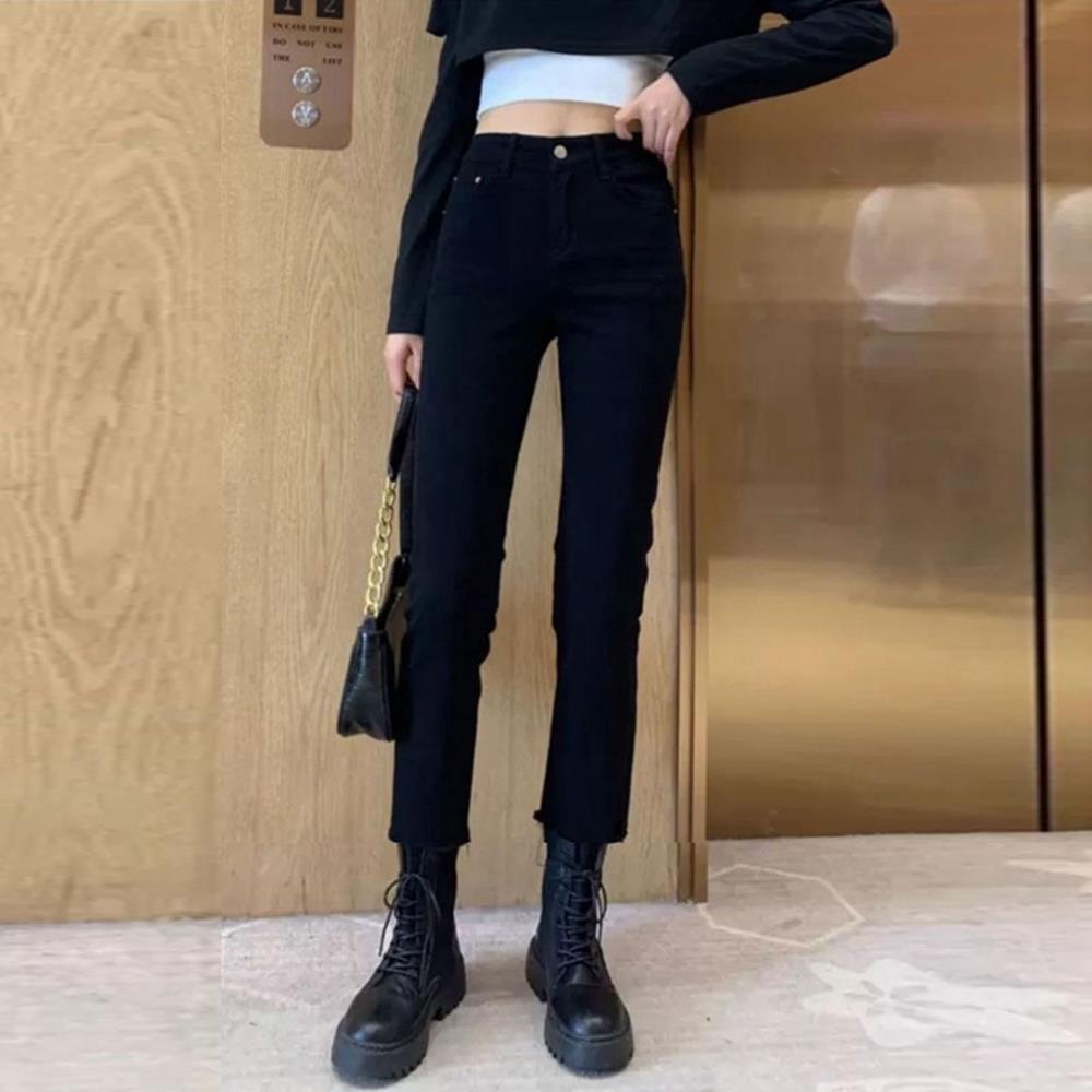矮小个子搭配马丁靴七分直筒烟管黑色加绒牛仔裤女八分