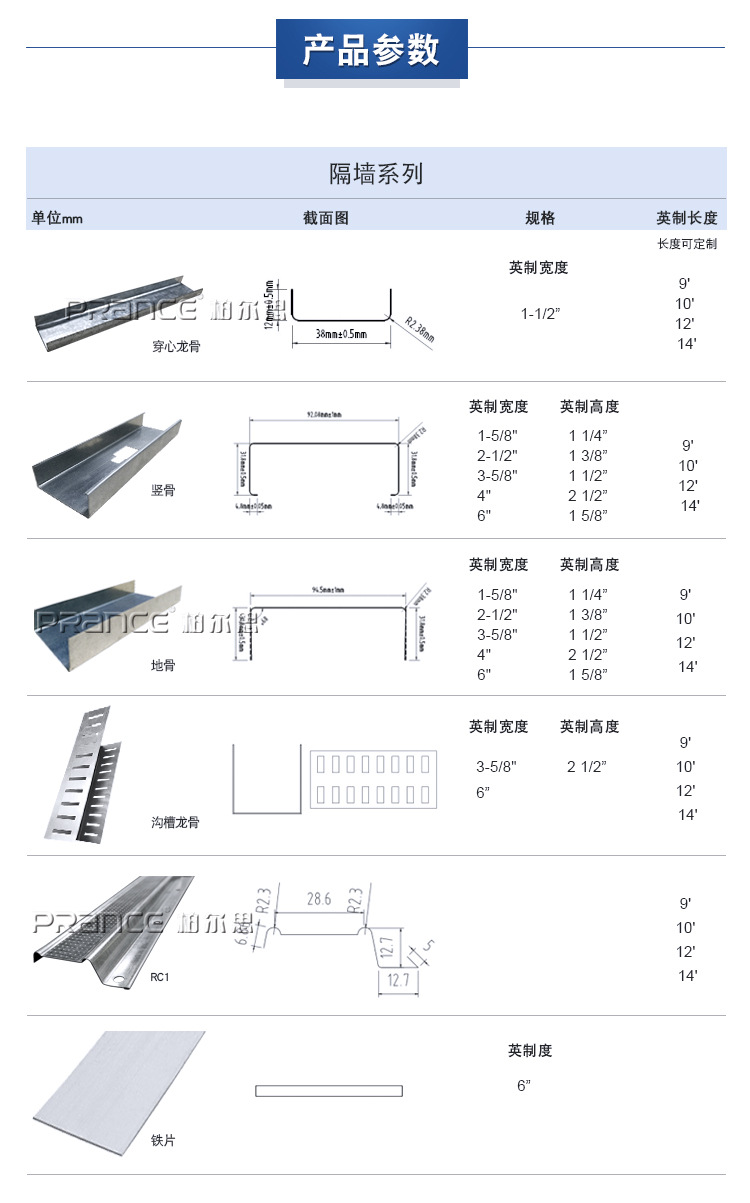 柏尔思厂家供应rc1轻钢龙骨 室内吊顶隔墙材料 高镀锌轻钢龙骨