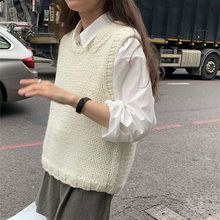 2023早秋韓国东大门慵懒风纯手工马甲羊毛绒毛衣套头女sweater