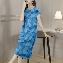 连衣裙女夏2023新款宽松显瘦长裙气质蓝色印花裙子