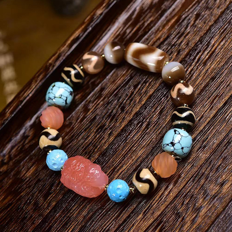 天然玛瑙多宝手串单圈虎牙天珠黑白线珠松石配珠藏式文玩复古手链
