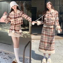 大码秋冬2023秋冬新款韩版时尚法式小香风格子毛呢外套裙子两件套