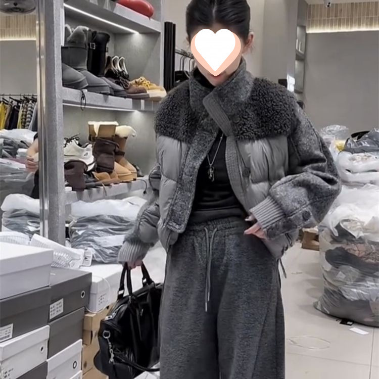 减龄休闲时尚棉服女2025秋冬新款洋气灰色丝绵拼接显瘦面包服