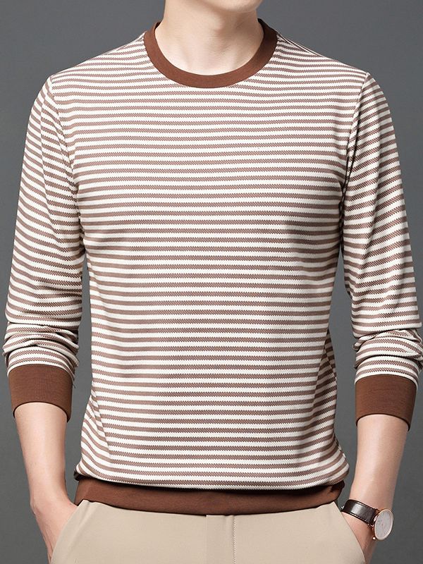 Huisheng Men's Autumn Men's round Neck Horizontal Striped Cotton Long-Sleeved T-shirt Men's Korean Style Fashion Brand Sweater Base Shirt Men's