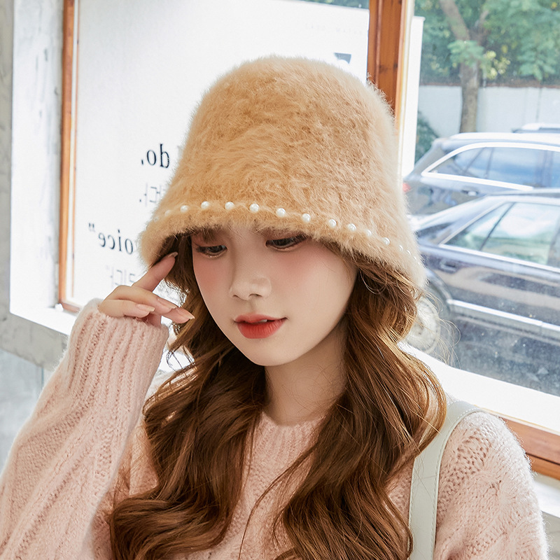 新款秋冬季女士时尚一圈珍珠兔毛水桶帽户外保暖甜美韩版时装帽子