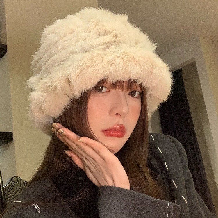 秋冬季皮草白色兔毛渔夫帽女韩版大头围时尚慵懒针织套头冷帽子潮