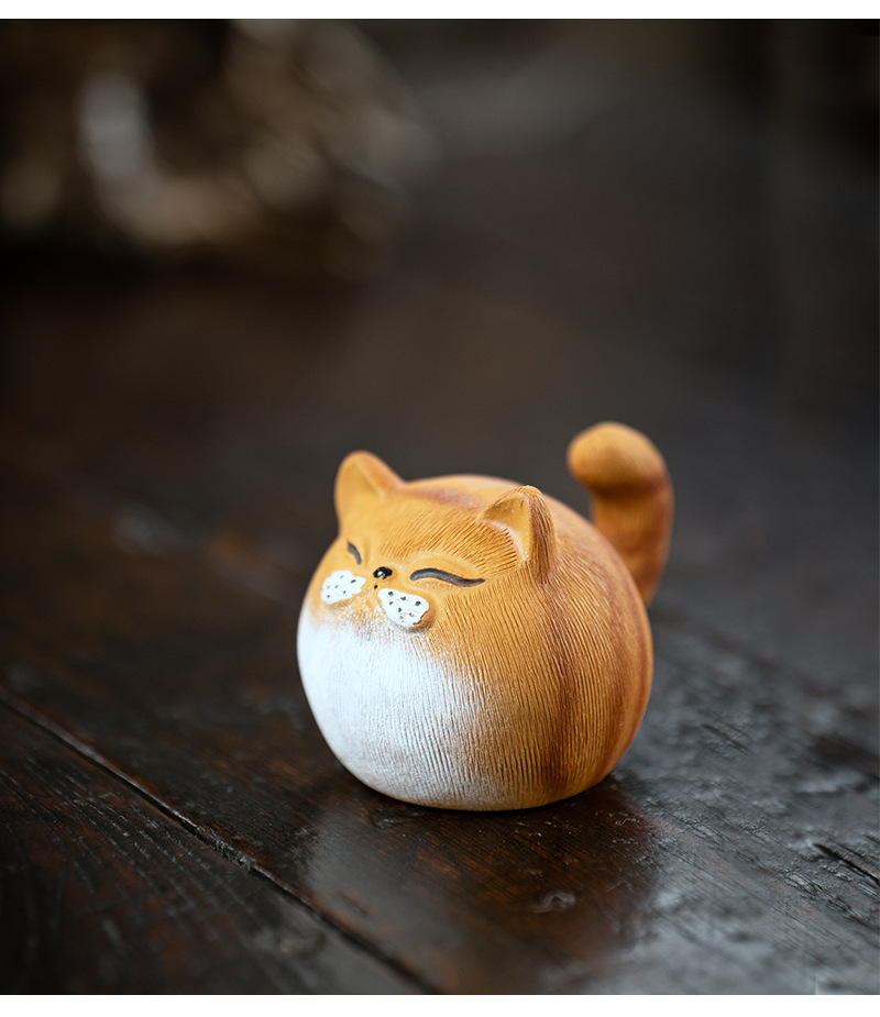 宜兴原矿紫砂茶宠猫雕塑个性创意泥绘招财猫摆件茶玩老虎猫咪厂家