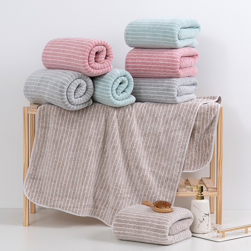 厂家现货条纹经编珊瑚绒浴巾成人家用男女儿童快速吸水加厚柔软