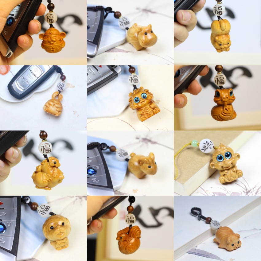 Popular Arborvitae Wood Carving Creative Cute Men and Women Zodiac Keychain Mobile Phone Pendant Crafts Crafts Wholesale