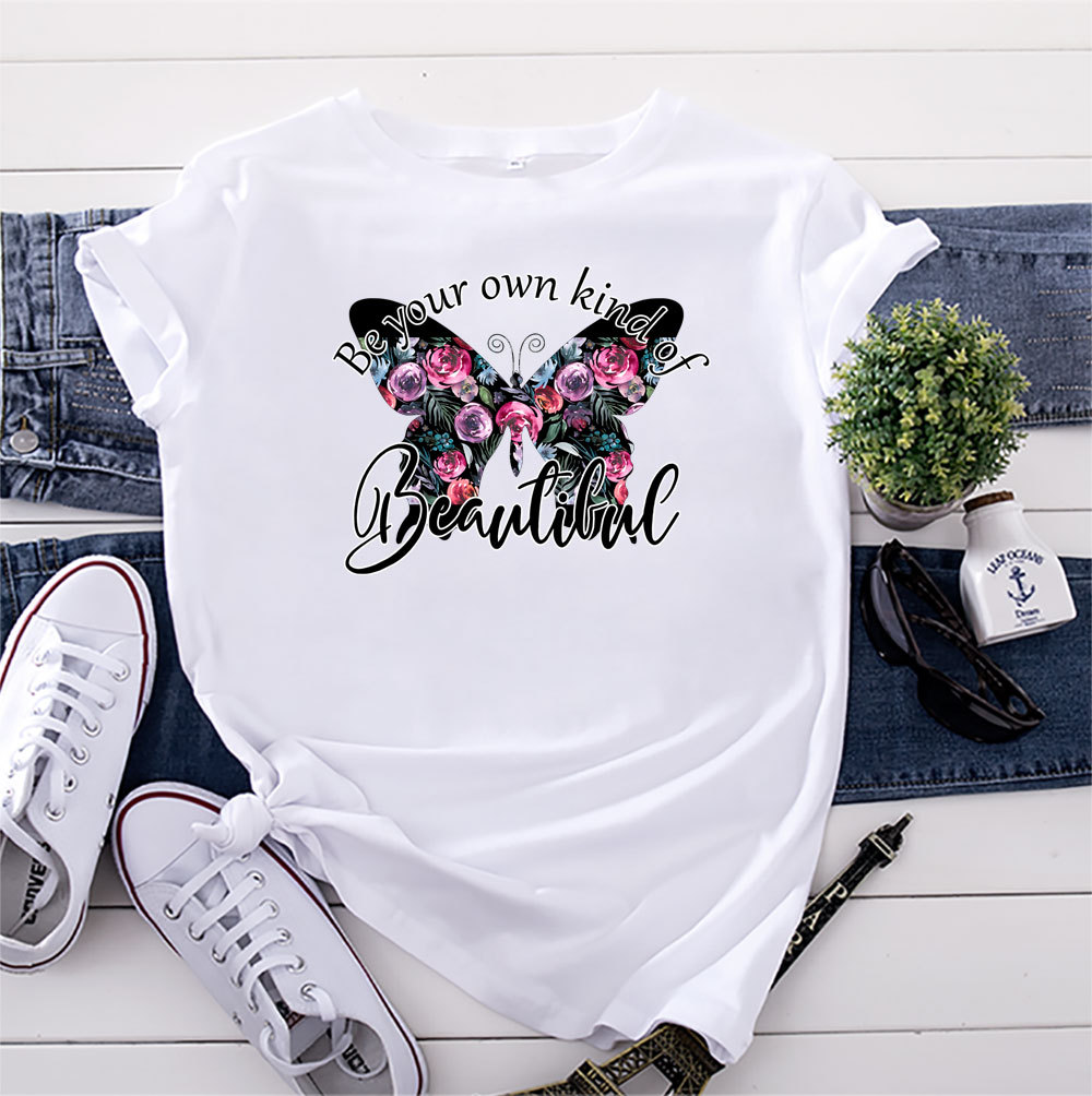 跨境外贸女装欧美大码纯棉蝴蝶印花短袖t恤女上衣夏装亚马逊货源