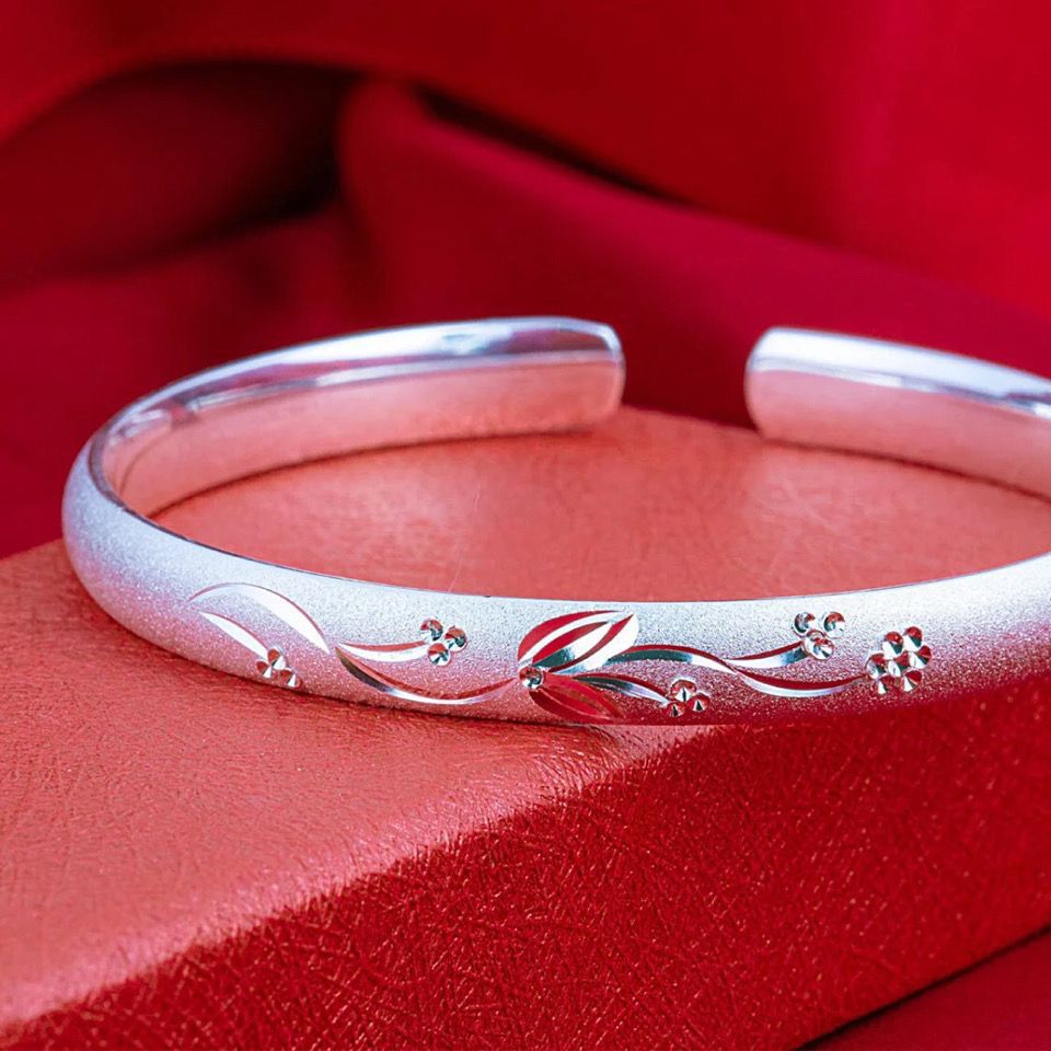 s999足银手镯女花开知我心开口贵妃实心银手镯磨砂银镯子时尚礼物