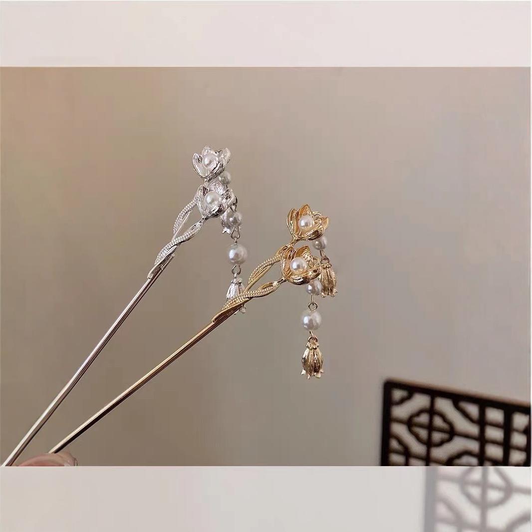 汉服中式发簪古风高级感盘发发钗鸢尾花铃兰簪子珍珠花朵流苏钗子