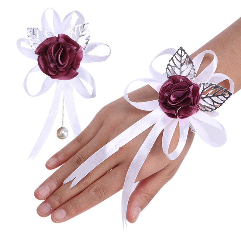 欧美婚礼小道具新郎新娘手腕胸花丝带金叶diy伴娘伴郎手腕花xh074