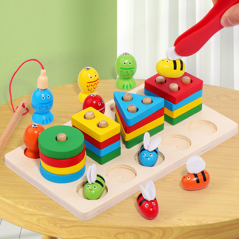 Three-in-One Clip Bee Magnetic Fishing Sleeve Column Children's Early Childhood Education Geometric Shape Cognition Pairing Wooden Toys